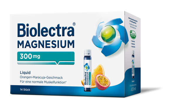 Sie sehen eine Packung Biolectra® Magnesium 300 mg Liquid 14 Stück, Produktbild: 01 Biolectra® Magnesium 300 mg Liquid 14 Stück, A-Nr.: 5048135 - 01