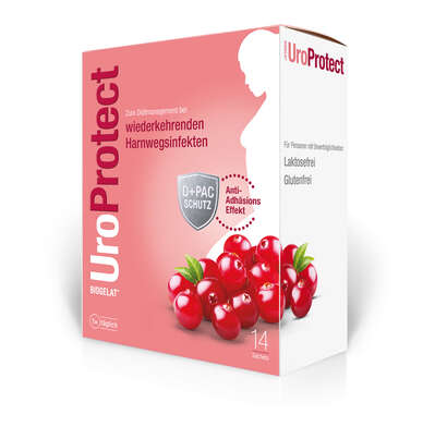 Sie sehen eine Packung Biogelat UroProtect D-Mannose plus Cranberry Granulat, 14 Stück, Produktbild: 01 Biogelat UroProtect D-Mannose plus Cranberry Granulat, 14 Stück, A-Nr.: 4605160 - 01