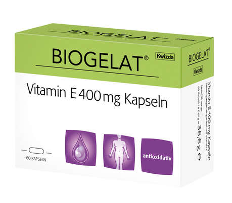 Sie sehen eine Packung Biogelat Vitamin E 400 mg, 60 Stück, Produktbild: 01 Biogelat Vitamin E 400 mg, 60 Stück, A-Nr.: 4084784 - 01