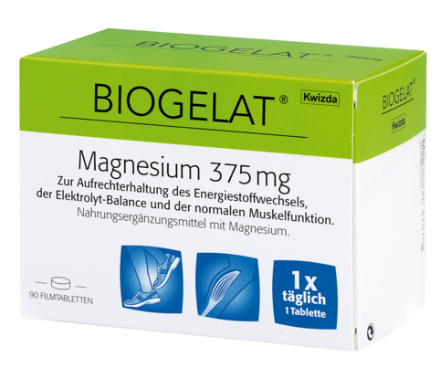 Sie sehen eine Packung Biogelat Magnesium 375, 90 Stück, Produktbild: 01 Biogelat Magnesium 375, 90 Stück, A-Nr.: 4084755 - 01