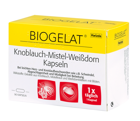 Sie sehen eine Packung Biogelat Knoblauch-Mistel-Weißdorn Kapseln, 90 Stück, Produktbild: 01 Biogelat Knoblauch-Mistel-Weißdorn Kapseln, 90 Stück, A-Nr.: 3920669 - 01