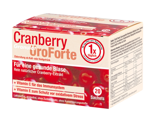 Sie sehen eine Packung BIOGELAT CRANBERRY UroForte-Granulat, 20 Stück, Produktbild: 01 BIOGELAT CRANBERRY UroForte-Granulat, 20 Stück, A-Nr.: 3269895 - 01
