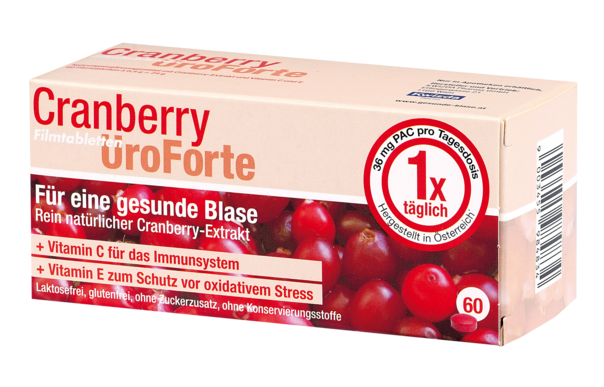 Sie sehen eine Packung BIOGELAT CRANBERRY UroForte-Filmtabletten, 60 Stück, Produktbild: 01 BIOGELAT CRANBERRY UroForte-Filmtabletten, 60 Stück, A-Nr.: 3987171 - 01