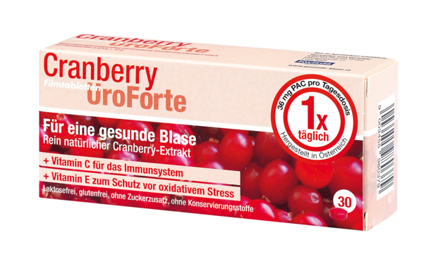 Sie sehen eine Packung BIOGELAT CRANBERRY UroForte-Filmtabletten, 30 Stück, Produktbild: 01 BIOGELAT CRANBERRY UroForte-Filmtabletten, 30 Stück, A-Nr.: 3269889 - 01