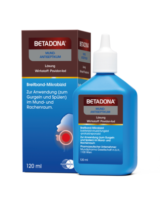 Sie sehen eine Packung BETADONA MUND-ANTISEPT, 120 Milliliter, Produktbild: 01 BETADONA MUND-ANTISEPT, 120 Milliliter, A-Nr.: 4465463 - 01