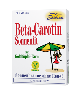 Sie sehen eine Packung Espara Beta-Carotin-Sonnenfit Kapseln, 30 Stück, Produktbild: 01 Espara Beta-Carotin-Sonnenfit Kapseln, 30 Stück, A-Nr.: 3890537 - 01
