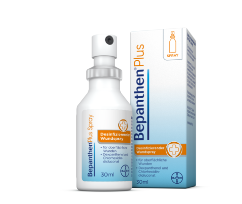 Sie sehen eine Packung Bepanthen® Plus Spray, 30 Milliliter, Produktbild: 01 Bepanthen® Plus Spray, 30 Milliliter, A-Nr.: 3533286 - 01