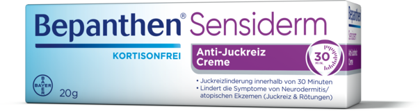 Sie sehen eine Packung Bepanthen® Sensiderm Creme, 20 Gramm, Produktbild: 01 Bepanthen® Sensiderm Creme, 20 Gramm, A-Nr.: 3917584 - 01