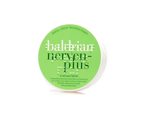 Sie sehen eine Packung Baldrian „Sanova“ Nervenplus Dragees, 50 Stück, Produktbild: 01 Baldrian „Sanova“ Nervenplus Dragees, 50 Stück, A-Nr.: 3763454 - 01