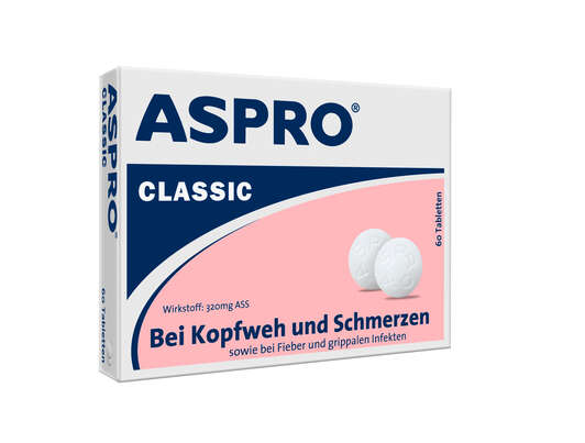 Sie sehen eine Packung Aspro® Classic Tabletten, 60 Stück, Produktbild: 01 Aspro® Classic Tabletten, 60 Stück, A-Nr.: 0004400 - 01