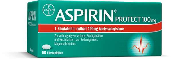 Sie sehen eine Packung Aspirin® Protect 100 mg – Filmtabletten, 60 Stück, Produktbild: 01 Aspirin® Protect 100 mg – Filmtabletten, 60 Stück, A-Nr.: 3504847 - 01