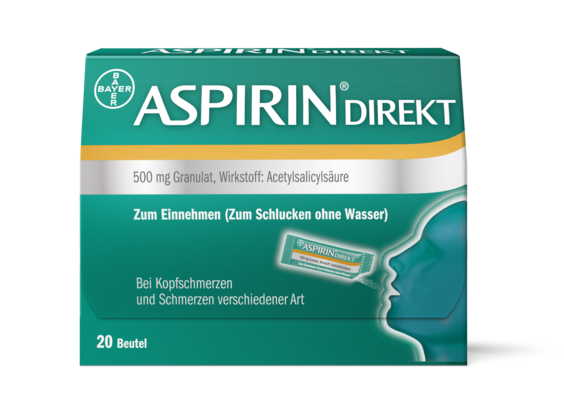 Sie sehen eine Packung Aspirin® Direkt 500 mg Granulat, 20 Stück, Produktbild: 01 Aspirin® Direkt 500 mg Granulat, 20 Stück, A-Nr.: 3911794 - 01