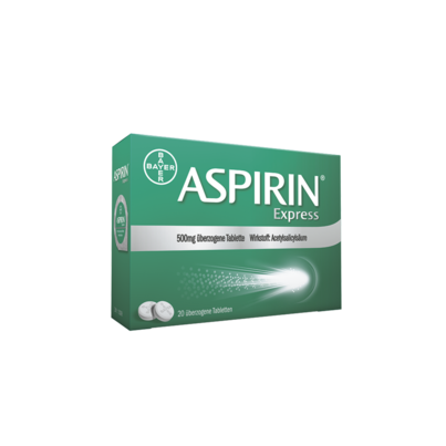 Sie sehen eine Packung Aspirin® Express 500 mg überzogene Tablette, 20 Stück, Produktbild: 01 Aspirin® Express 500 mg überzogene Tablette, 20 Stück, A-Nr.: 4208200 - 01