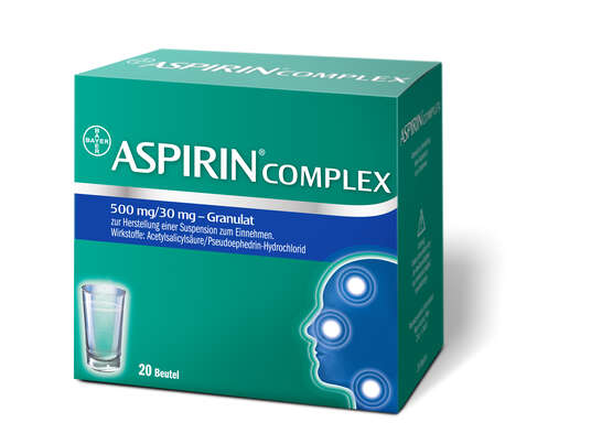 Sie sehen eine Packung Aspirin® Complex – Granulat, 20 Stück, Produktbild: 01 Aspirin® Complex – Granulat, 20 Stück, A-Nr.: 3500909 - 01