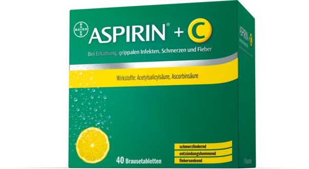 Sie sehen eine Packung Aspirin® +C - Brausetabletten, 40 Stück, Produktbild: 01 Aspirin® +C - Brausetabletten, 40 Stück, A-Nr.: 3515532 - 01