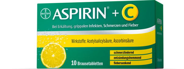 Sie sehen eine Packung Aspirin® +C - Brausetabletten, 10 Stück, Produktbild: 01 Aspirin® +C - Brausetabletten, 10 Stück, A-Nr.: 0004386 - 01
