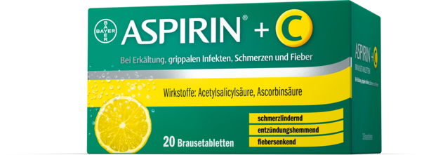 Sie sehen eine Packung Aspirin® +C - Brausetabletten, 20 Stück, Produktbild: 01 Aspirin® +C - Brausetabletten, 20 Stück, A-Nr.: 0497874 - 01