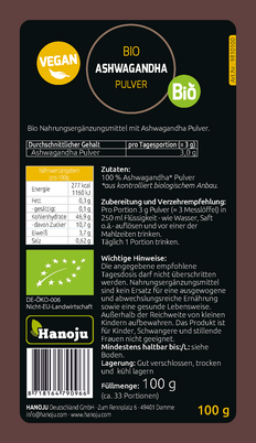 Sie sehen eine Packung Bio Ashwagandha Pulver Hanoju, 100 Gramm, Produktbild: 02 Bio Ashwagandha Pulver Hanoju, 100 Gramm, A-Nr.: 4384730 - 02