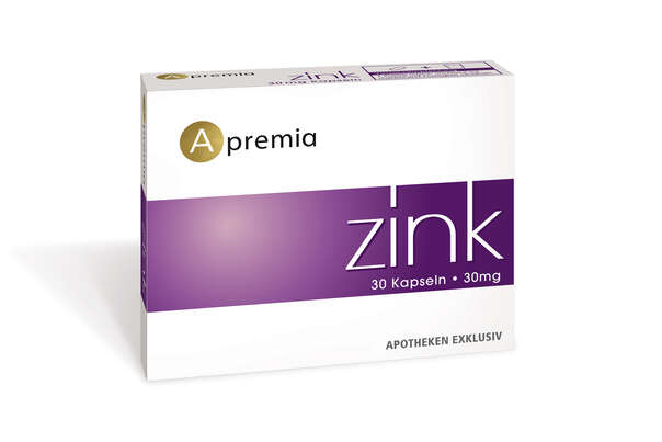 Sie sehen eine Packung Apremia Zink 30mg Kapseln, 30 Stück, Produktbild: 01 Apremia Zink 30mg Kapseln, 30 Stück, A-Nr.: 3936044 - 01