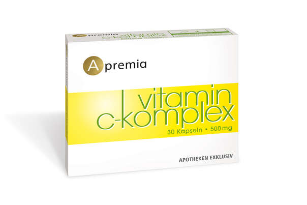 Sie sehen eine Packung Apremia Vitamin C-Komplex Kapseln, 30 Stück, Produktbild: 01 Apremia Vitamin C-Komplex Kapseln, 30 Stück, A-Nr.: 3936009 - 01