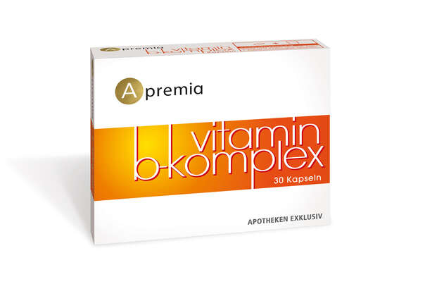Sie sehen eine Packung Apremia Vitamin B-Komplex Kapseln, 30 Stück, Produktbild: 01 Apremia Vitamin B-Komplex Kapseln, 30 Stück, A-Nr.: 4181688 - 01