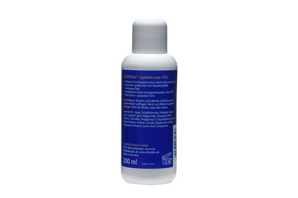 Sie sehen eine Packung ALLERGIKA®-Lipolotio Urea 10% 200ml, 200 Milliliter, Produktbild: 01 ALLERGIKA®-Lipolotio Urea 10% 200ml, 200 Milliliter, A-Nr.: 4042484 - 01