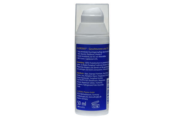 Sie sehen eine Packung Allergika Gesichtscreme Urea 5% 50ml, 50 Milliliter, Produktbild: 01 Allergika Gesichtscreme Urea 5% 50ml, 50 Milliliter, A-Nr.: 3258294 - 01