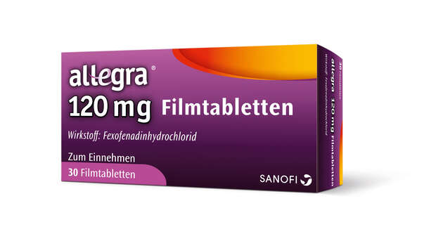 Sie sehen eine Packung Allegra® 120mg Filmtabletten, 30 Stück, Produktbild: 01 Allegra® 120mg Filmtabletten, 30 Stück, A-Nr.: 4200049 - 01