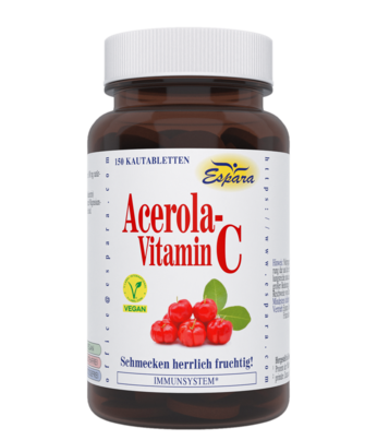 Sie sehen eine Packung Espara Acerola Vitamin C Kautabletten, 150 Stück, Produktbild: 01 Espara Acerola Vitamin C Kautabletten, 150 Stück, A-Nr.: 3378650 - 01