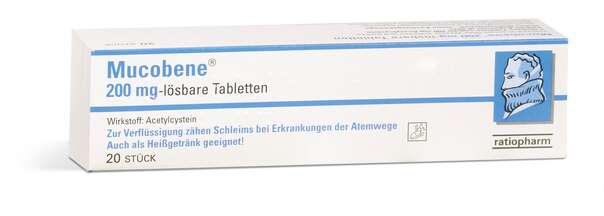 Sie sehen eine Packung Mucobene® 200 mg, 20 Stück, Produktbild: 01 Mucobene® 200 mg, 20 Stück, A-Nr.: 1342464 - 01