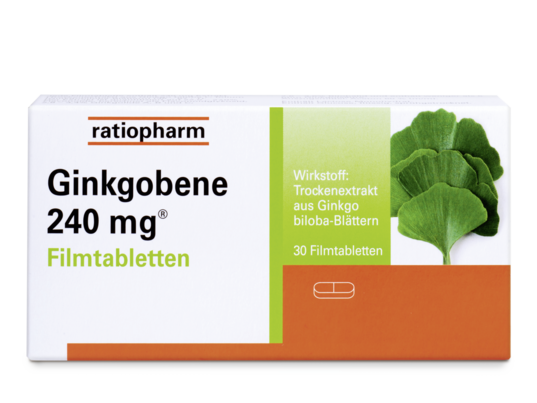 Sie sehen eine Packung GINKGOBENE FTBL 240MG, 30 Stück, Produktbild: 01 GINKGOBENE FTBL 240MG, 30 Stück, A-Nr.: 4222022 - 01