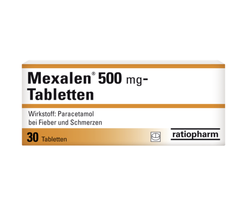 Sie sehen eine Packung Mexalen® 500 mg Tabletten, 30 Stück, Produktbild: 01 Mexalen® 500 mg Tabletten, 30 Stück, A-Nr.: 3909774 - 01