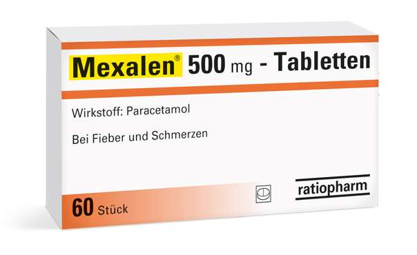 Sie sehen eine Packung Mexalen® 500 mg Tabletten, 60 Stück, Produktbild: 01 Mexalen® 500 mg Tabletten, 60 Stück, A-Nr.: 3909780 - 01