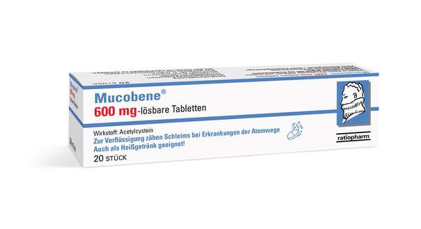 Sie sehen eine Packung Mucobene® 600 mg – lösbare Tabletten, Produktbild: 01 Mucobene® 600 mg – lösbare Tabletten, A-Nr.: 3931466 - 01