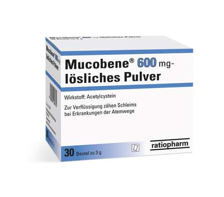 Sie sehen eine Packung Mucobene® 600 mg lösliches Pulver, 30 Stück, Produktbild: 01 Mucobene® 600 mg lösliches Pulver, 30 Stück, A-Nr.: 1269767 - 01