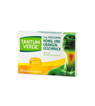 Sie sehen eine Packung Tantum Verde® Pastillen Honig- und Orangengeschmack, Produktbild: 01 Tantum Verde® Pastillen Honig- und Orangengeschmack, A-Nr.: 5515393 - 01