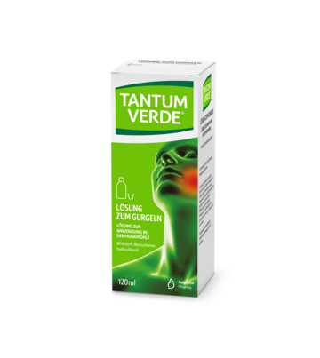 Sie sehen eine Packung Tantum Verde® Lösung zum Gurgeln, 120 Milliliter, Produktbild: 01 Tantum Verde® Lösung zum Gurgeln, 120 Milliliter, A-Nr.: 3776959 - 01