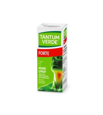 Sie sehen eine Packung Tantum Verde® Mundspray forte, 15 Milliliter, Produktbild: 01 Tantum Verde® Mundspray forte, 15 Milliliter, A-Nr.: 2458594 - 01