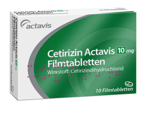 Sie sehen eine Packung Cetirizin Actavis 10 mg Filmtabletten 10ST, Produktbild: 01 Cetirizin Actavis 10 mg Filmtabletten 10ST, A-Nr.: 3511913 - 01