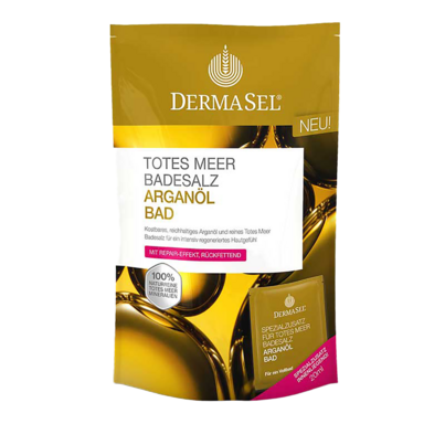 Sie sehen eine Packung DermaSel® Totes Meer Badesalz Arganöl, Produktbild: 01 DermaSel® Totes Meer Badesalz Arganöl, A-Nr.: 4571573 - 01