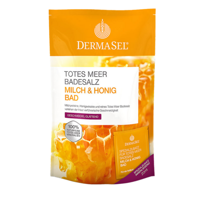 Sie sehen eine Packung Fette Dermasel Badesalz Milch+Honig, 400 Gramm, Produktbild: 01 Fette Dermasel Badesalz Milch+Honig, 400 Gramm, A-Nr.: 2699777 - 01