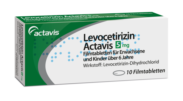 Sie sehen eine Packung LEVOCETIRIZIN ACT FTBL 5MG, 10 Stück, Produktbild: 01 LEVOCETIRIZIN ACT FTBL 5MG, 10 Stück, A-Nr.: 3542871 - 01