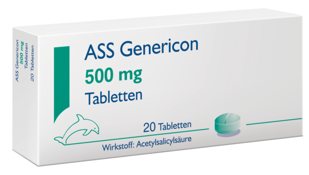 Sie sehen eine Packung ASS GEN TBL 500MG, 20 Stück, Produktbild: 01 ASS GEN TBL 500MG, 20 Stück, A-Nr.: 1078530 - 01
