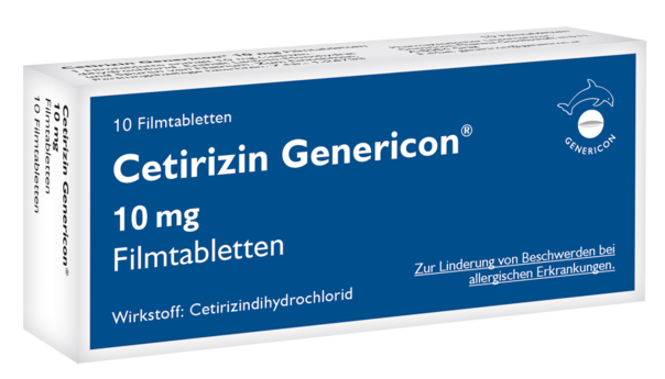 Sie sehen eine Packung CETIRIZIN GEN FTBL 10MG, 10 Stück, Produktbild: 01 CETIRIZIN GEN FTBL 10MG, 10 Stück, A-Nr.: 2444215 - 01
