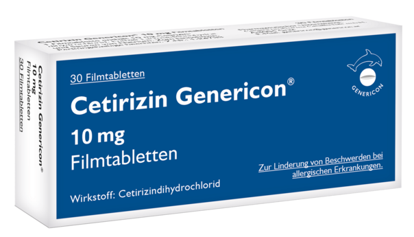 Sie sehen eine Packung Cetirizin Gen Ftbl 10mg , 30 Stück, Produktbild: 01 Cetirizin Gen Ftbl 10mg , 30 Stück, A-Nr.: 2444221 - 01