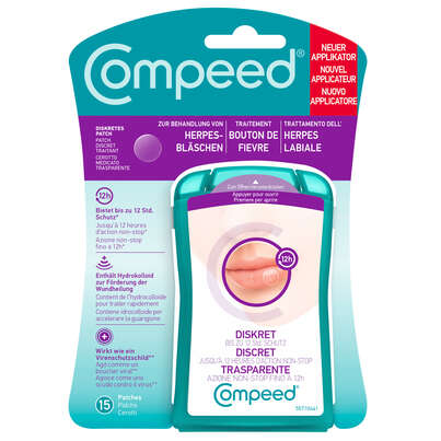 Sie sehen eine Packung COMPEED HERPESBLAES.PATCH+AP, 15 Stück, Produktbild: 01 COMPEED HERPESBLAES.PATCH+AP, 15 Stück, A-Nr.: 5269646 - 01