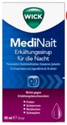 Sie sehen eine Packung WICK MediNait Erkältungssirup für die Nacht, Produktbild: 01 WICK MediNait Erkältungssirup für die Nacht, A-Nr.: 1434261 - 01
