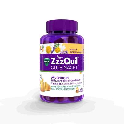Sie sehen eine Packung WICK ZzzQuil Gute Nacht mit Melatonin Mango-Banane, Produktbild: 01 WICK ZzzQuil Gute Nacht mit Melatonin Mango-Banane, A-Nr.: 5676825 - 01