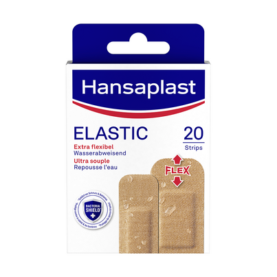 Sie sehen eine Packung Hansaplast Elastic Strips, 20 Stück, Produktbild: 01 Hansaplast Elastic Strips, 20 Stück, A-Nr.: 2404724 - 01