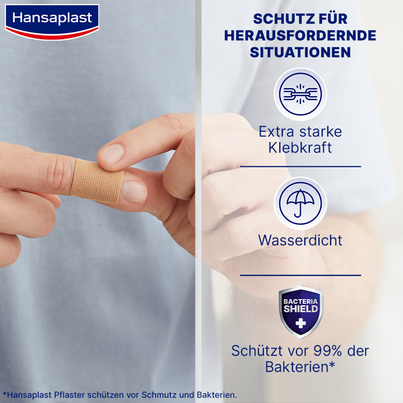 Sie sehen eine Packung Hansaplast Extra Robust Waterproof Strips, 16 Stück, Produktbild: 02 Hansaplast Extra Robust Waterproof Strips, 16 Stück, A-Nr.: 3938899 - 02